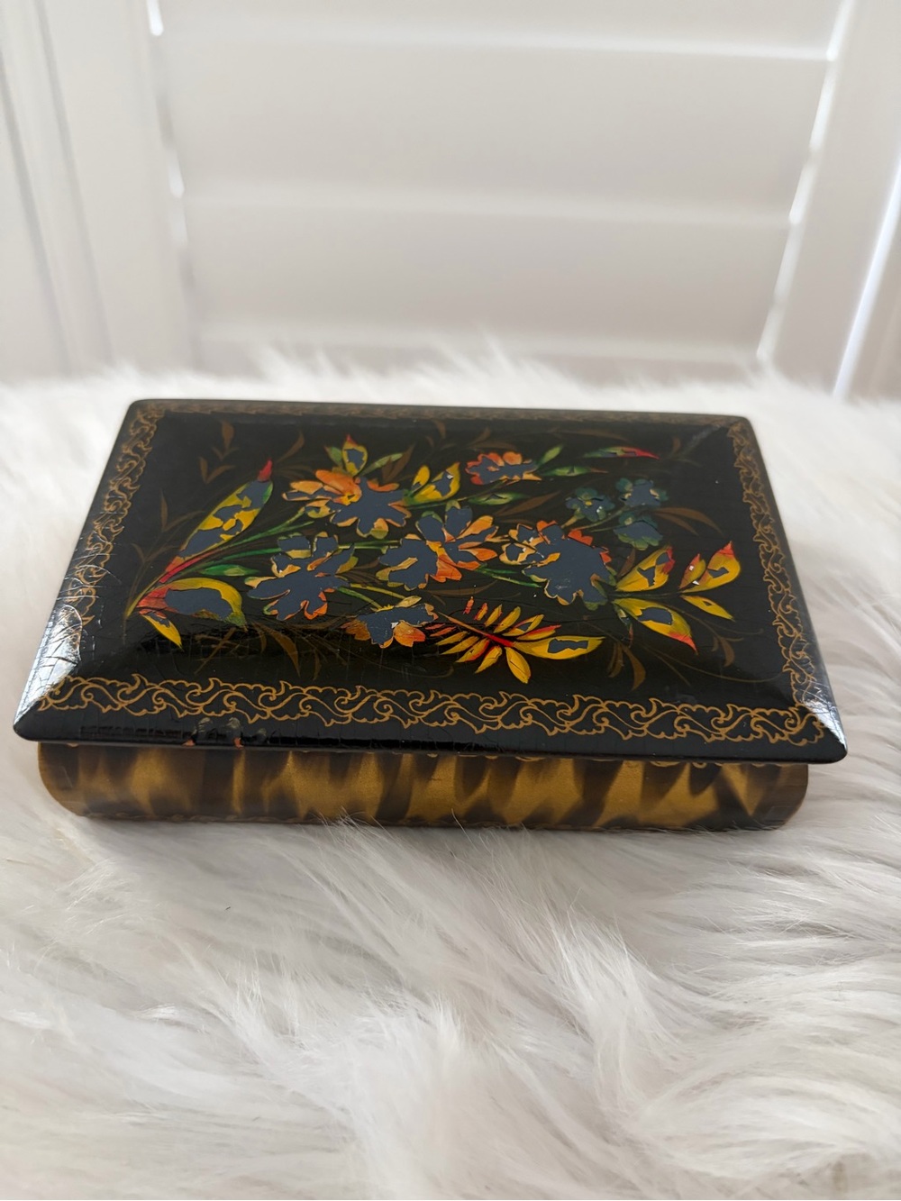 Vintage Hand-Painted  Russian Black Floral Decorative Box